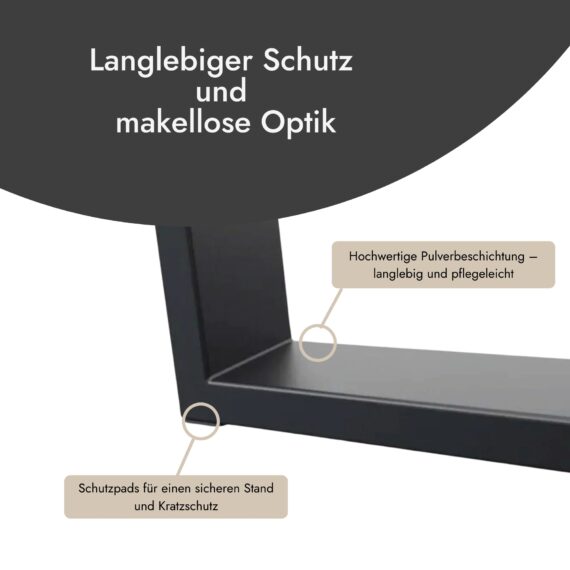 Detailansicht der Tischkufen mit hochwertiger Pulverbeschichtung und Schutzpads gegen Kratzer