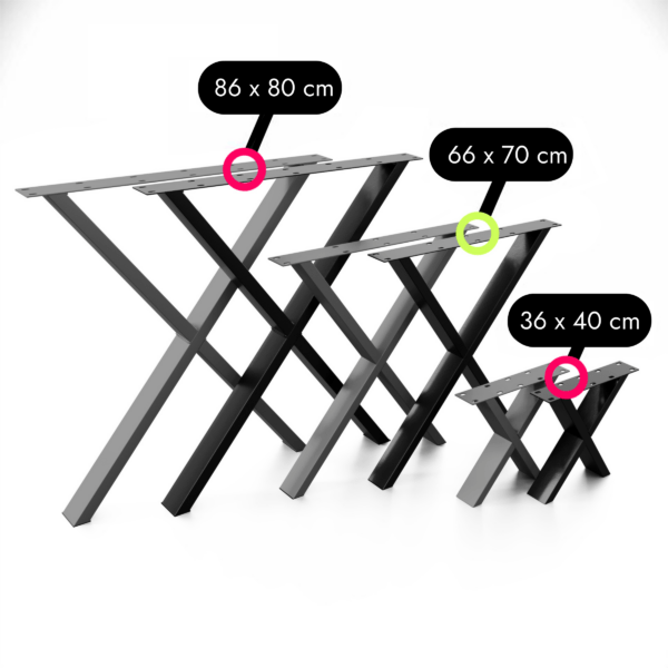 Übersicht für X-förmige Tischbeine mit Größenangaben