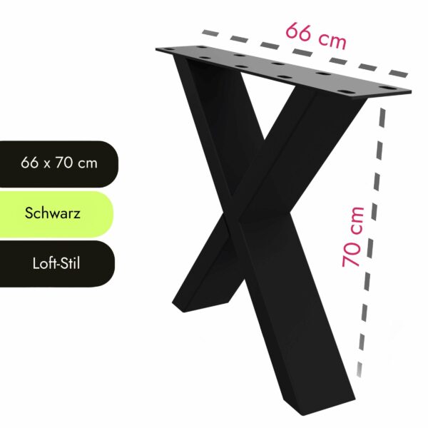 Tischbein X-Form mit Größenangaben