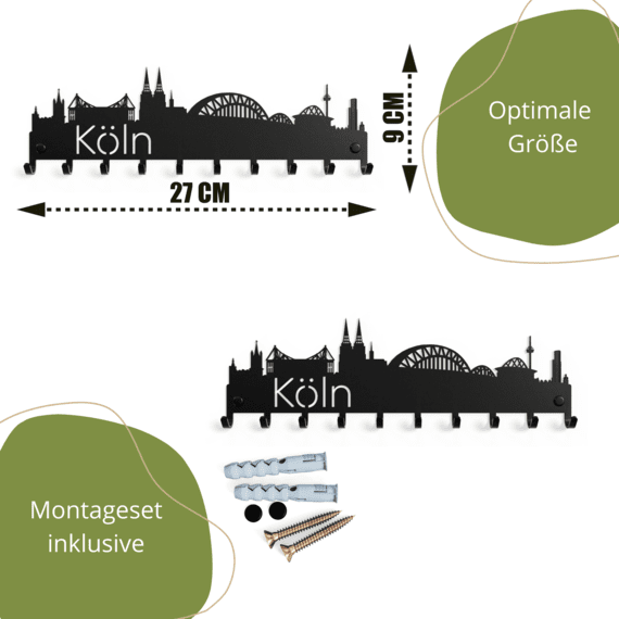 Maße Schlüsselbrett Köln inklusive Montageset: 9cm Höhe und 27cm Breite