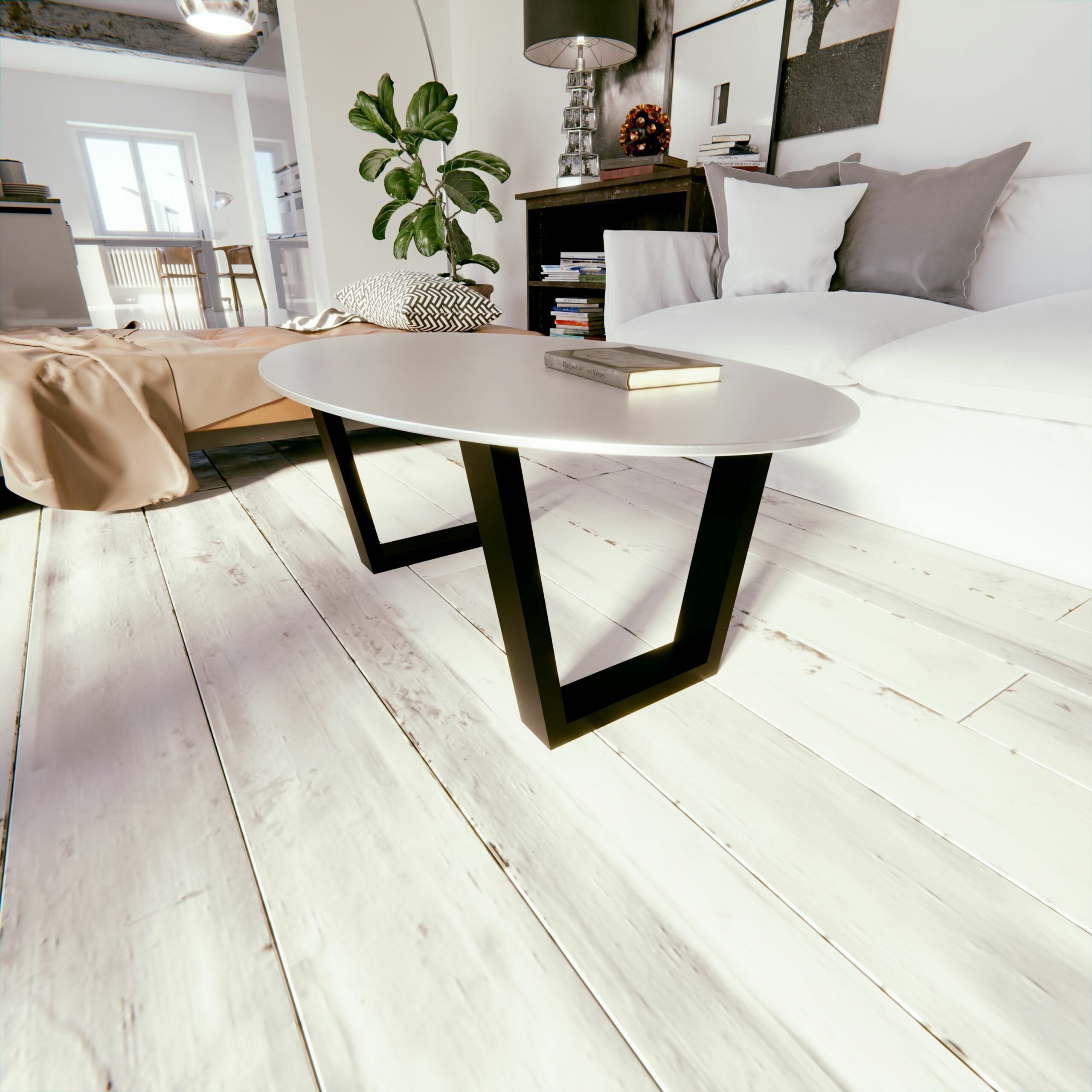 Modernes Wohnzimmer mit ovalem Couchtisch und weißem Holzboden.