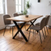 Oak dining table with black X-shaped table legs, 66 × 70 cm