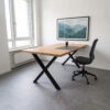 Oak desk with black X-shaped table legs, 86 × 80 cm