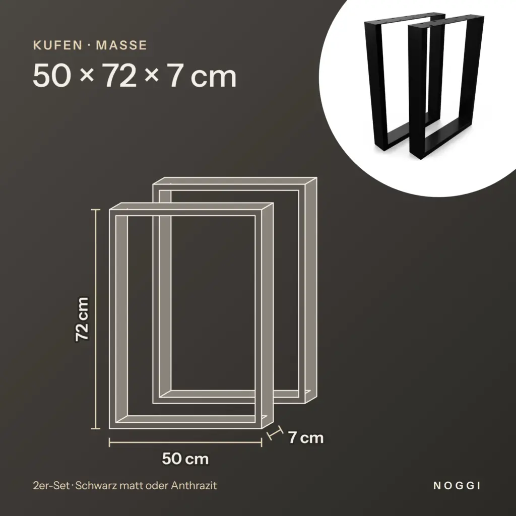 Maße Tischkufen 50 × 72 cm: 50 cm breit, 72 cm hoch, 7 cm tief