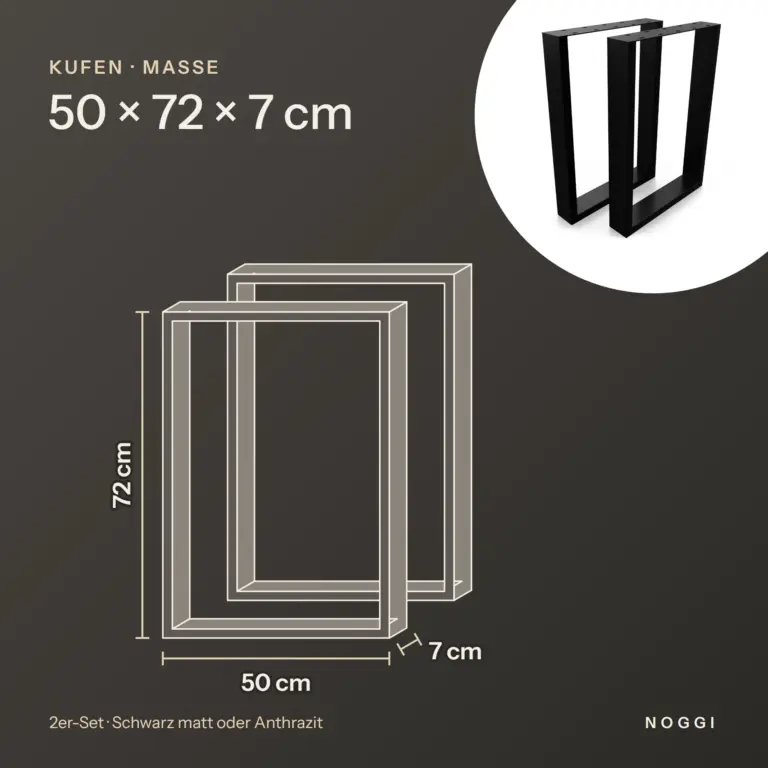 Maße Tischkufen 50 × 72 cm: 50 cm breit, 72 cm hoch, 7 cm tief
