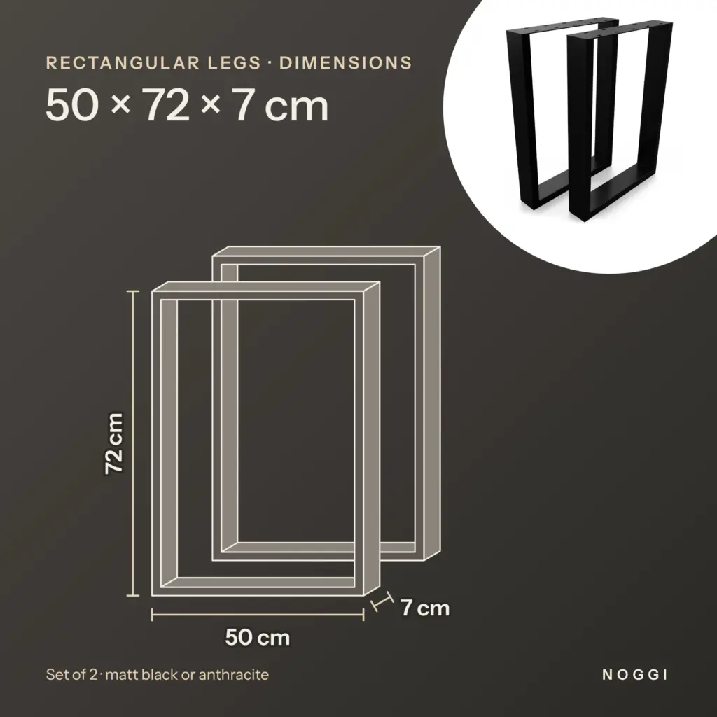 Dimensions of rectangular table legs 50 × 72 cm: 50 cm wide, 72 cm high, 7 cm deep