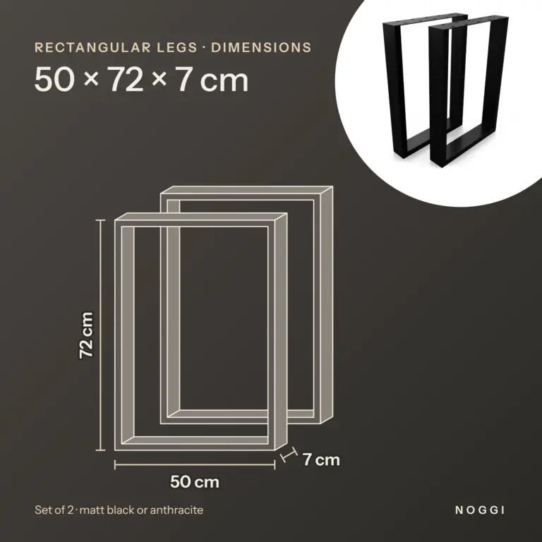 Dimensions of rectangular table legs 50 × 72 cm: 50 cm wide, 72 cm high, 7 cm deep