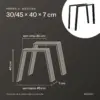 Medidas forma em U 30/45 × 40 cm: 30 cm em cima, 45 cm em baixo, 40 cm de altura, 7 cm de profundidade